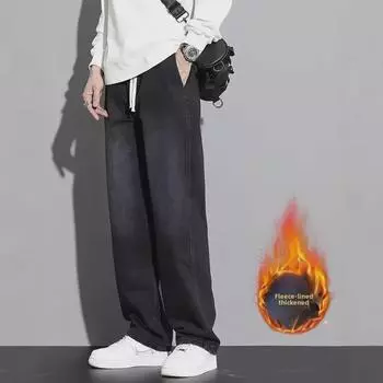 2024 Плюшевые джинсы с широкими штанинами: Модные свободные повседневные брюки в пол в корейском стиле S