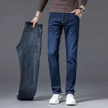 2024 Плюшевые толстые джинсы осень/зима для мужчин, прямые, свободные, эластичные, деловые, повседневные, большие, универсальные брюки 28