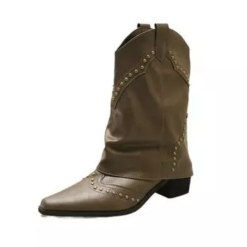 2024 Pointy Spice Knight Boots Retro New Rock Gothic Mid-calf Low Pointy Fall/Winter Riveted Tube Boots 35 чёрный