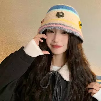 2024 полая вязаная шапка-тазик осенне-зимняя сладкая шерстяная шапка допамин женская цветная шляпа-ведро с цветочным узором One Size бежевый