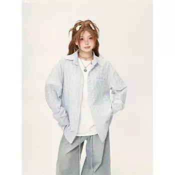 2024 Полосатая рубашка с длинным рукавом в японском стиле Гонконга Ins Свободная рубашка для мальчиков Летнее модное универсальное повседневное пальто M синий