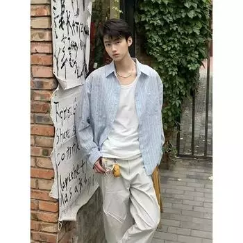 2024 Полосатая рубашка с длинным рукавом в японском стиле Гонконга Ins Свободная рубашка для мальчиков Летнее модное универсальное повседневное пальто M синий