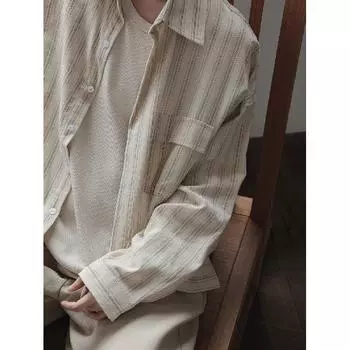 2024 Полосатая рубашка с длинным рукавом в японском стиле Гонконга Ins Свободная рубашка для мальчиков Летнее модное универсальное повседневное пальто M абрикосовый