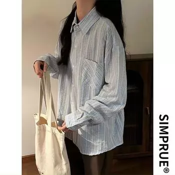 2024 Полосатая рубашка с длинным рукавом в японском стиле Гонконга Ins Свободная рубашка для мальчиков Летнее модное универсальное повседневное пальто M синий