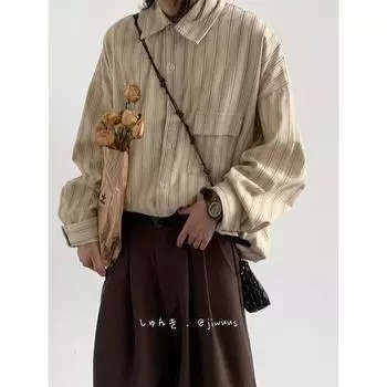 2024 Полосатая рубашка с длинным рукавом в японском стиле Гонконга Ins Свободная рубашка для мальчиков Летнее модное универсальное повседневное пальто M абрикосовый