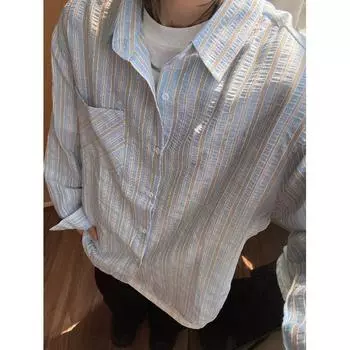 2024 Полосатая рубашка с длинным рукавом в японском стиле Гонконга Ins Свободная рубашка для мальчиков Летнее модное универсальное повседневное пальто M синий