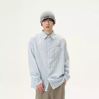 2024 Полосатая рубашка с длинным рукавом в японском стиле Гонконга Ins Свободная рубашка для мальчиков Летнее модное универсальное повседневное пальто M синий