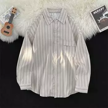 2024 Полосатая рубашка с длинным рукавом в японском стиле Гонконга Ins Свободная рубашка для мальчиков Летнее модное универсальное повседневное пальто M абрикосовый