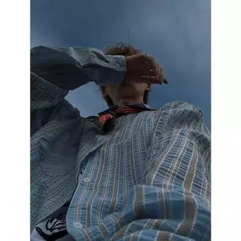 2024 Полосатая рубашка с длинным рукавом в японском стиле Гонконга Ins Свободная рубашка для мальчиков Летнее модное универсальное повседневное пальто M синий