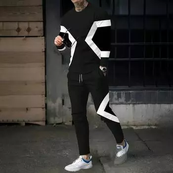 2024 Полосатый принт мужской комплект из 2 предметов повседневная футболка с длинным рукавом и круглым вырезом брюки на талии со шнурком спортивный костюм мужские спортивные костюмы S
