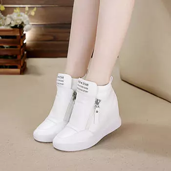 2024 popular autumn new products round head high-top shoes flat bottom side zipper inner height increase leisure sports letter cotton shoes 34 белый