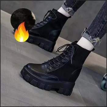 2024 popular inner height increase leather flying woven weave heel platform cotton shoes snow boots versatile muffin casual Martin boots women 34