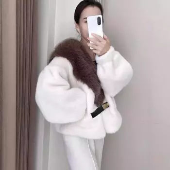 2024 популярная в Интернете знаменитость имитация норки сращивание короткое пальто молодая зимняя женская утолщенный большой меховой воротник пальто женщины average size small 80-130 оранжевый