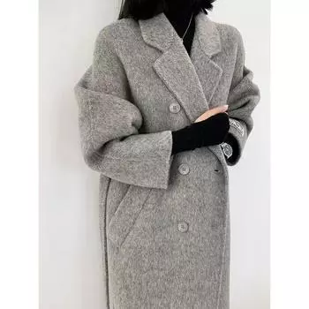 2024 популярное длинноворсное однотонное двухстороннее кашемировое пальто, двубортное классическое женское пальто S