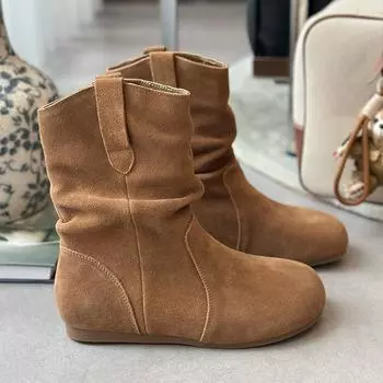 2024 популярные плиссированные сапоги с набивным рисунком женские осенне-зимние ковбойские сапоги в стиле ретро, облегающие сапоги средней высоты на низком каблуке в рыцарском стиле 35 абрикосовый