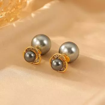 2024 Популярные универсальные серьги с жемчугом, женские легкие роскошные серьги-гвоздики премиум-класса с цветком, серьги с серыми бусинами в стиле темперамент 18K