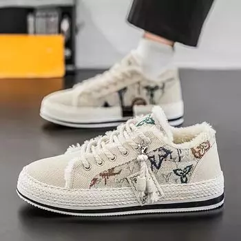 2024 Последние мужские бархатные теплые повседневные хлопковые туфли Модные, универсальные, удобные, низкие спортивные туфли Износостойкие 39 покинуть белый