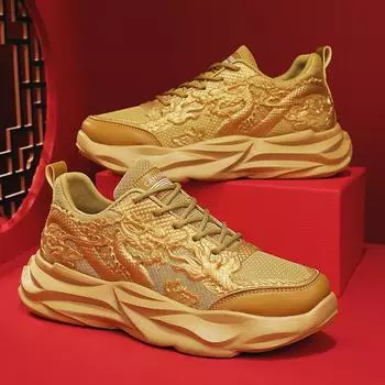 2024 Последние повседневные мужские туфли Красные молодежные драконьи года Универсальные спортивные туфли Толстая подошва Легкие повседневные туфли Дышащие 39 красный