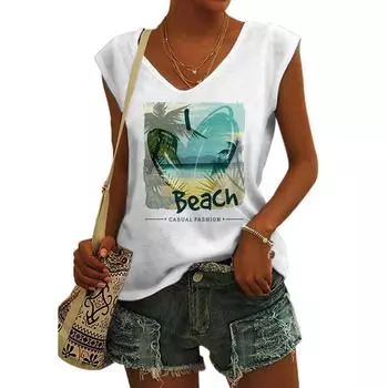 2024 Повседневная мода Hawai Beach Футболка женская кепка без рукавов Футболки с V-образным вырезом Базовые топы Пуловеры для отдыха Фитнес Летние майки S