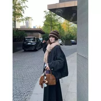 2024 повседневная новая куртка с длинными рукавами и круглым вырезом на хлопковой подкладке женская одежда осень-зима абрикосовая свободная куртка на хлопковой подкладке S чёрный