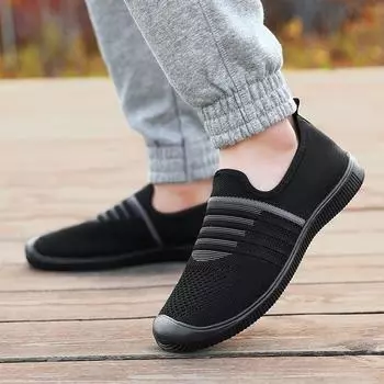 2024 повседневная обувь с плетеной подошвой из мухи корейская версия с одной педалью мягкая подошва большого размера пожилая обувь ленивая мужская обувь 39 чёрный