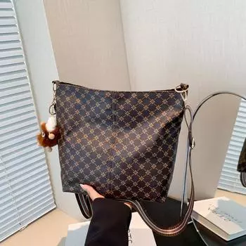 2024 повседневная ретро красивая сумка через плечо подмышку сумка для поездок на работу простая сумка в иностранном стиле большая вместительная сумка-ведро женская Without pendant чёрный