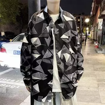 2024 Повседневная рубашка с длинным рукавом Ins Свободная рубашка Мужская летняя тенденция Универсальная повседневная куртка M чёрный
