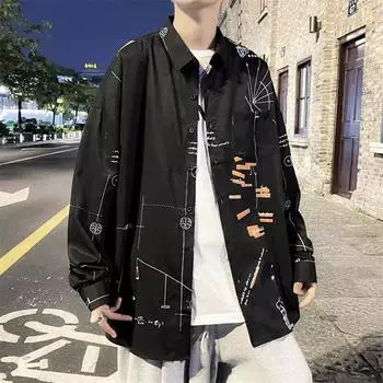 2024 Повседневная рубашка с длинным рукавом, повседневная свободная рубашка Ins, мужская летняя универсальная повседневная куртка M чёрный