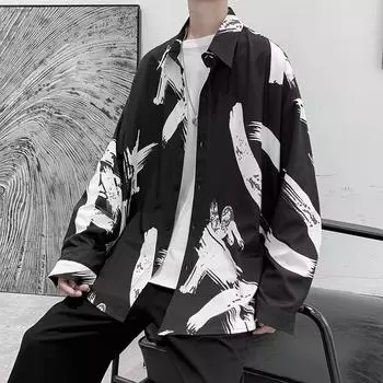 2024 Повседневная рубашка с длинным рукавом, повседневная свободная рубашка Ins, мужская летняя универсальная повседневная куртка M чёрный