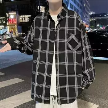 2024 Повседневная свободная рубашка с лацканами в клетку для мужчин среднего возраста и молодых мужчин, деловая повседневная модная куртка для мужчин M чёрный