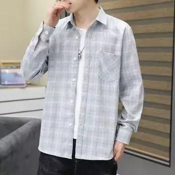 2024 Повседневная свободная рубашка с лацканами в клетку для мужчин среднего возраста и молодых мужчин, деловая повседневная модная куртка для мужчин M светло-серый