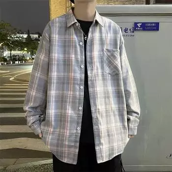 2024 Повседневная свободная рубашка с лацканами в клетку для мужчин среднего возраста и молодых мужчин, деловая повседневная модная куртка для мужчин M светло-синий