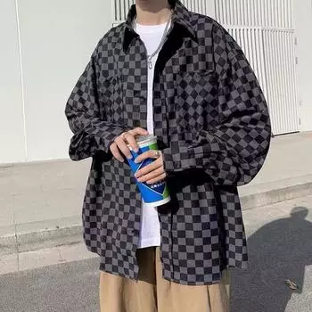 2024 Повседневная свободная рубашка с лацканами в клетку для мужчин среднего возраста и молодых мужчин, деловая повседневная модная куртка для мужчин M чёрный