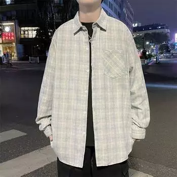 2024 Повседневная свободная рубашка с лацканами в клетку для мужчин среднего возраста и молодых мужчин, деловая повседневная модная куртка для мужчин M светло-серый