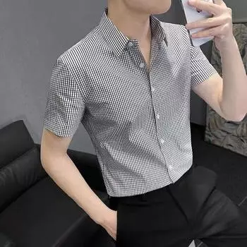 2024 Повседневная свободная рубашка с лацканами в клетку для мужчин среднего возраста и молодых мужчин, деловая повседневная модная куртка для мужчин M чёрный