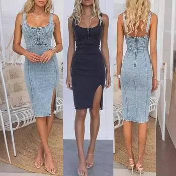 2024 Повседневное джинсовое платье в европейском и американском стиле с U-образным вырезом и подтяжками M
