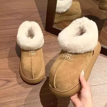 2024 Повседневные пушистые тапочки женские домашние плоские плюшевые дизайнерские зимние новые туфли теплые ботильоны на толстой подошве 35 хаки