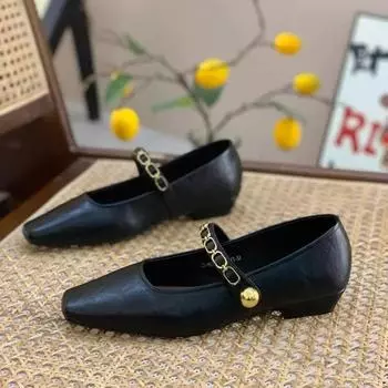 2024 Повседневные туфли Мэри Джейн на плоской подошве для женщин в скандинавском стиле с золотой цепочкой, туфли в стиле Лолиты из искусственной кожи 35 чёрный
