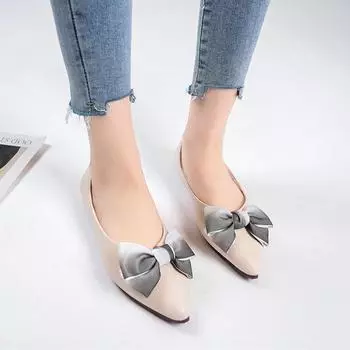 2024 Повседневные туфли на плоской подошве с бантом, женские новые летние дышащие удобные туфли на мягкой подошве с острым носком и мелкой плоской подошвой. 35 бежевый