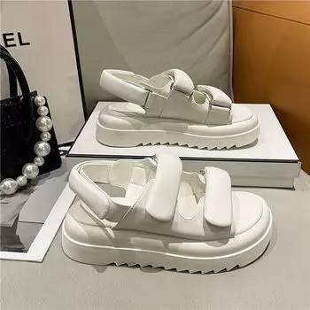 2024 Повседневные женские сандалии с открытым носком, нескользящие черные сандалии на платформе с липучками, женская летняя пляжная обувь Sandalias De Mujer 35 бежевый