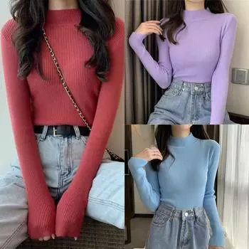 2024 Повседневный базовый слой, топ на осень-зиму, женская трикотажная рубашка с полувысоким воротником и длинными рукавами, однотонный приталенный пуловер One size розовый