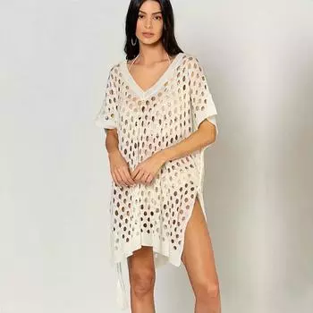 2024 Повседневный белый трикотажный бикини Cover Up Сексуальный вырез с бахромой на шнуровке Мини-платье Плюс Размер Женская пляжная одежда Купальник Cover Up Q1395 One Size бежевый