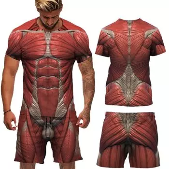 2024 Повседневный мужской костюм с мышцами человеческого тела, модная индивидуальная 3D-печать, забавный рисунок поддельных мышц, футболка + шорты, уличный костюм