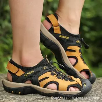 2024 Премиум-класса, повседневные мужские пляжные сандалии из коровьей кожи с верхним слоем ручной работы, большой размер 42 коричневый/жёлтый