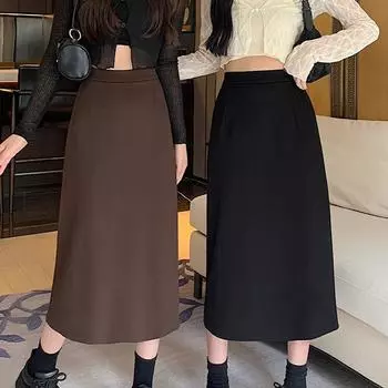 2024 Прибытие Осень Зима Y2K Однотонная Шерстяная Юбка Для Женщин Модная Высокая Талия Утягивающая Облегающая Макси Разрез Прямая Юбка-труба S