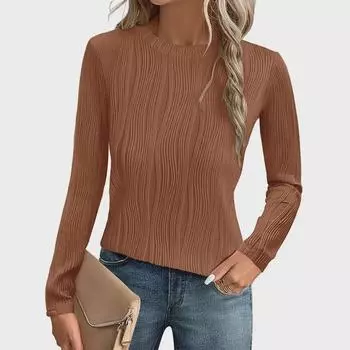 2024 Приталенная женская однотонная футболка с длинными рукавами и круглым вырезом на осень Small армия зеленый