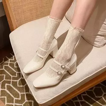 2024 Простые французские кожаные туфли весна новые высокие каблуки женские туфли квадратный нос телесного цвета Мэри Джейн ретро толстые каблуки Femme zapatos 35 чёрный