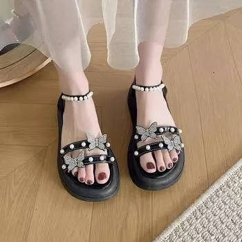 2024 Прозрачные кристаллы Бабочка-узел однотонные с открытым носком с перекрестными ремешками на платформе танкетке сандалии летняя обувь эластичная лента 35-40 35 бежевый