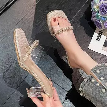 2024 Прозрачные тапочки с жемчужной тесьмой Женские туфли на толстом высоком каблуке Босоножки на танкетке с открытым носком Женские шлепанцы для вечеринок Желейные шлепанцы 5 чёрный