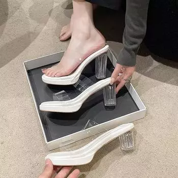 2024 прозрачные туфли на высоком каблуке женские летние новые водонепроницаемые туфли на очень высоком каблуке босоножки на толстом каблуке с кристаллами 35